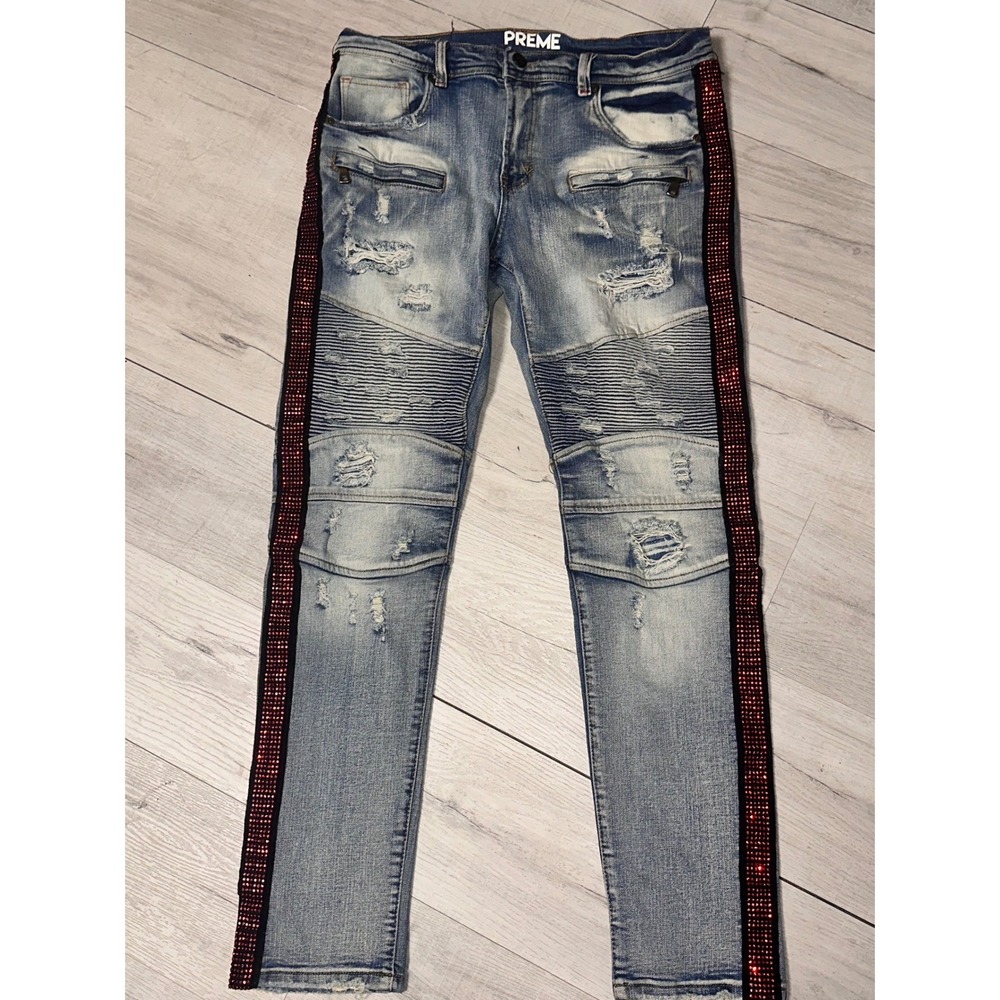 Preme Mens Biker Jeans Light Wash Distressed Red Rhinestone Side Stripe 34x33